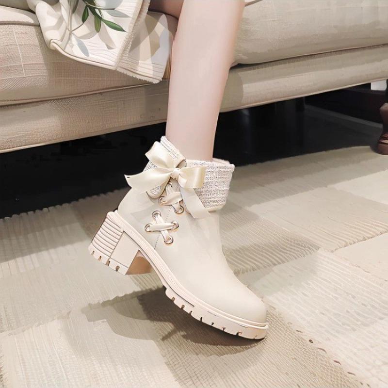 Lace-up Bow Booties Fashion Round Toe Side Zipper Soft Sole Anti-Slip Wear-Resistant Block Heel Shoes for Women