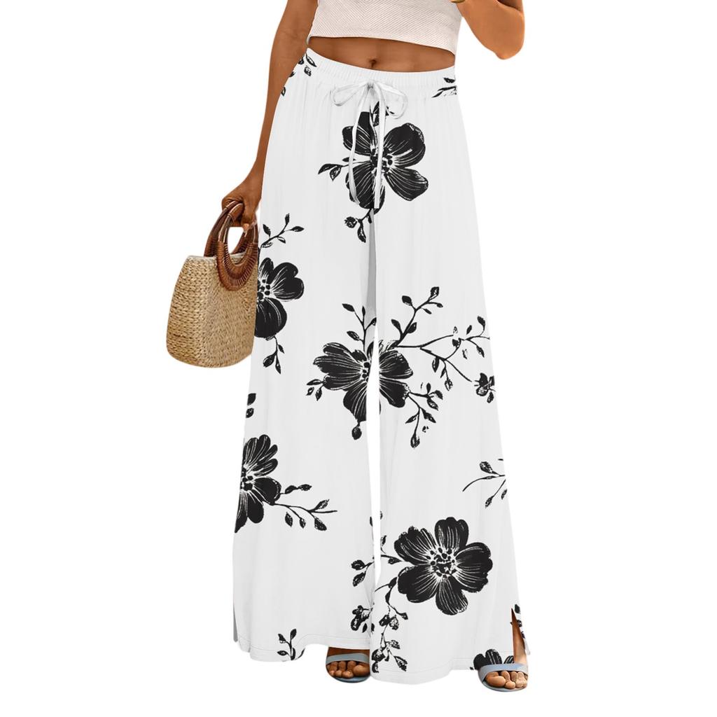 Women's Casual Wide Leg Pants Stretch Belt Pocket Floral Print Adjustable Tie Pants