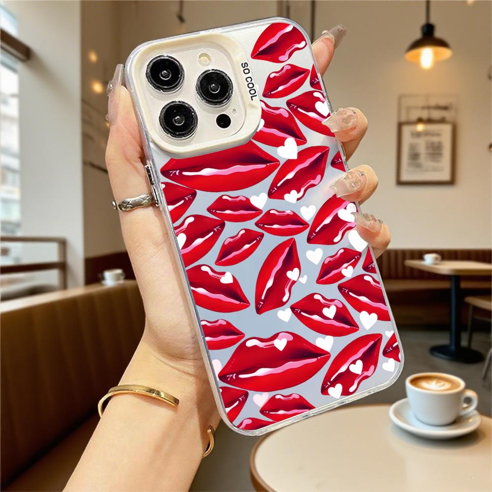 Жесткий чехол для телефона с красными губами и сердечками для iPhone 16 15 14 13 12 11 Pro Max Mini Ударопрочный Защитный чехол от царапин