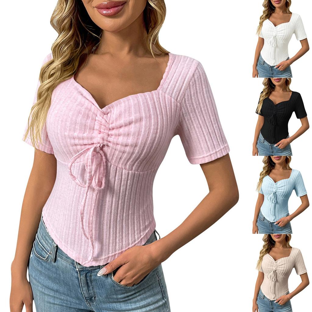 Женская мода однотонный V-образный вырез плиссированный шнурок сексуальный короткий рукав топ