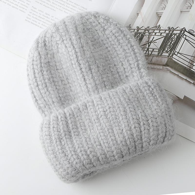 Konijnenbont Zachte Warme Beanie Muts Voor Vrouwen Wol Motorkap Dikke Gebreide Mooie Skullies Mutsen Ангорская вязаная шапка