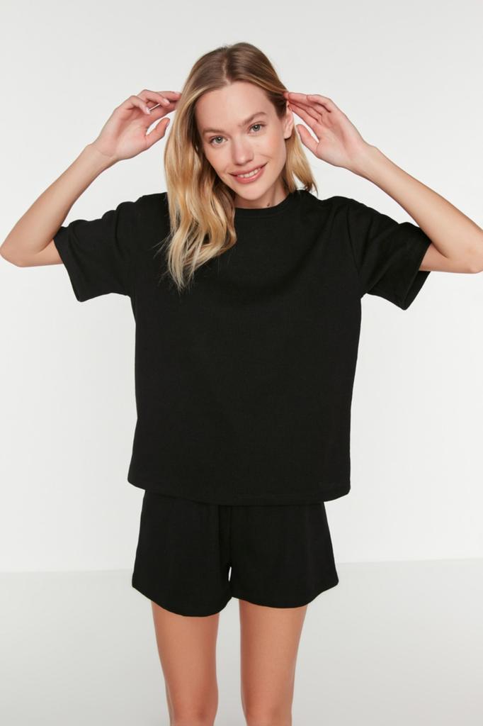 Women's Fashion New Pajama Set Black Waffle Fabric Cotton Knitted Pajama Set