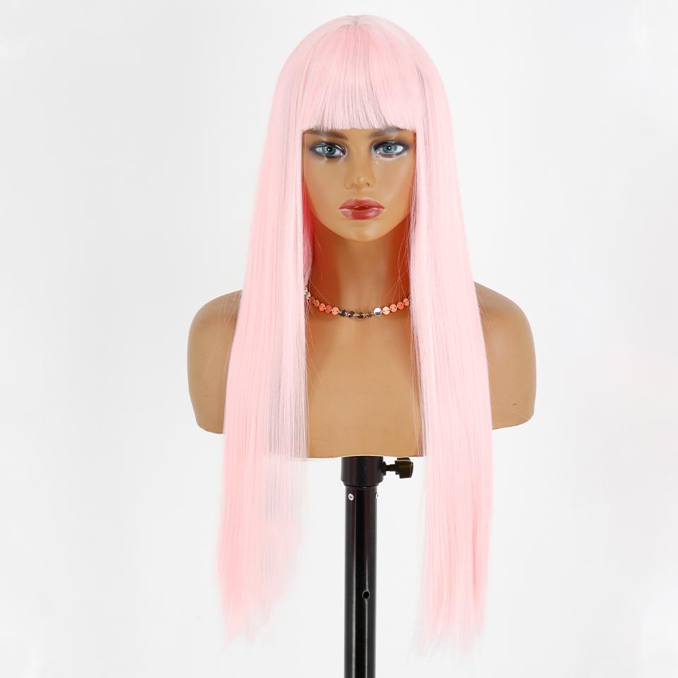 MISS WIG Women Fashion Long Straight Light Blonde Color Wig with Blunt Bangs Synthetic Fiber Daily Wear Long Straight Wig