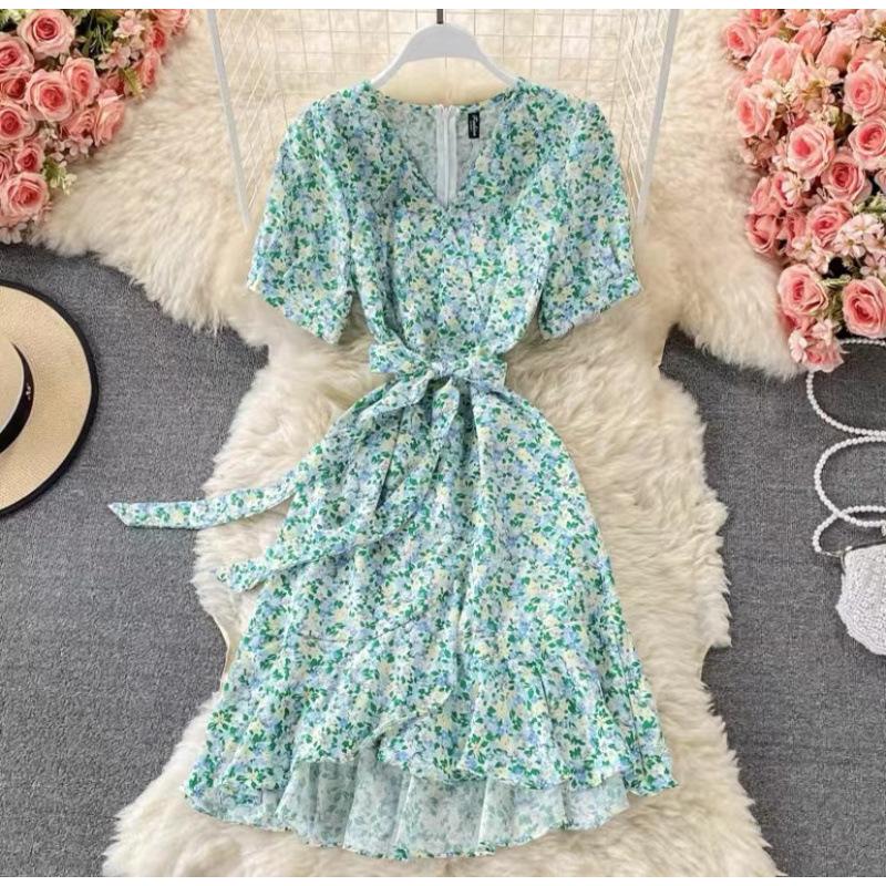 French v-neck floral dress summer new high waist thin sweet small ruffle edge A-word skirt short skirt