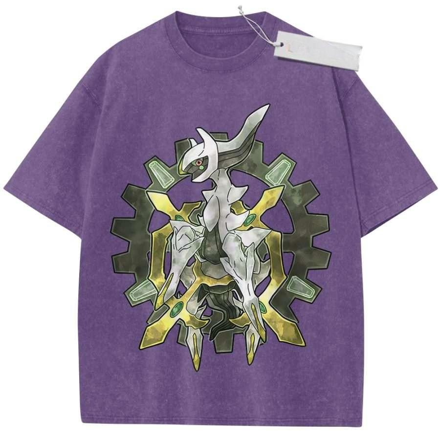 Summer Mens Black Washed T Shirt Pokemon Arceus Gear Pattern High Quality Fabric for Casual Shopping