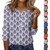 Women's Round Neck Pull Stripe Decorative Button Top Casual Solid Color 3/4 Sleeve T Shirt
