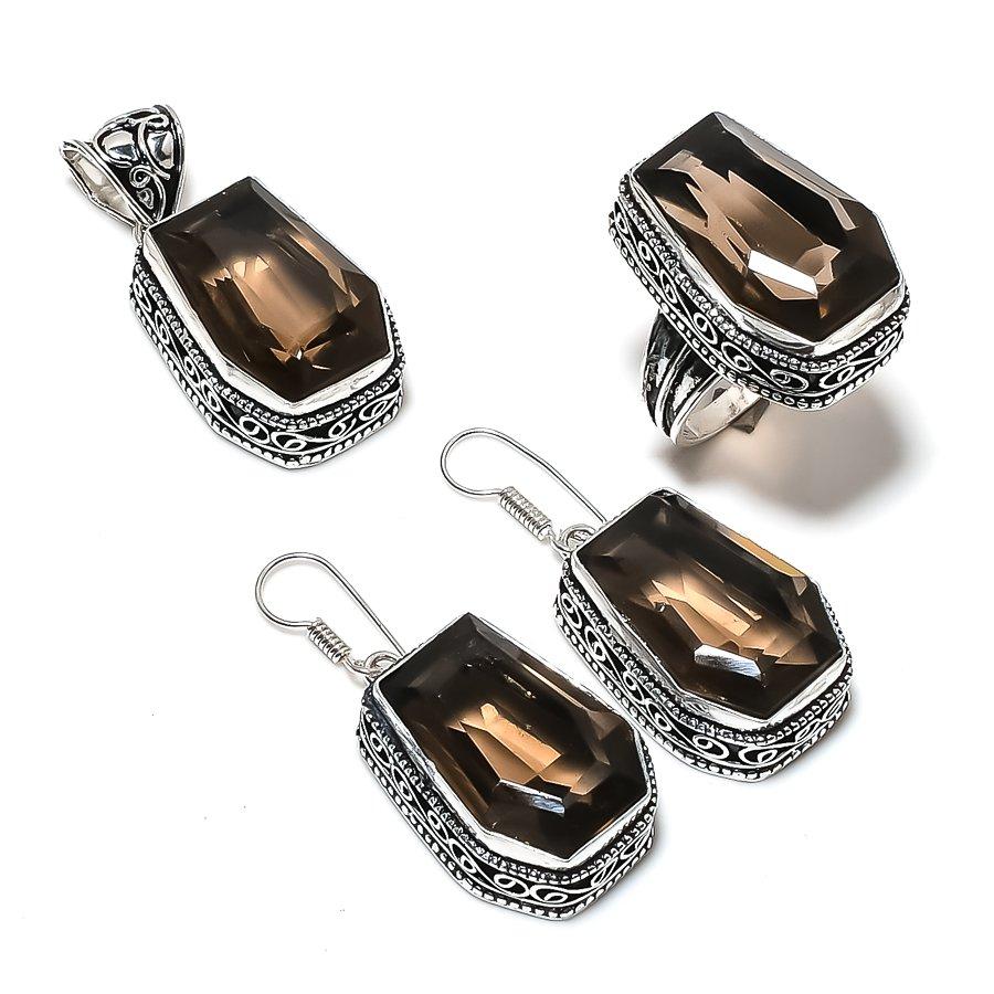Natural Smoky Topaz Gemstone Handmade 925 Sterling Silver Jewelry Set T5g10