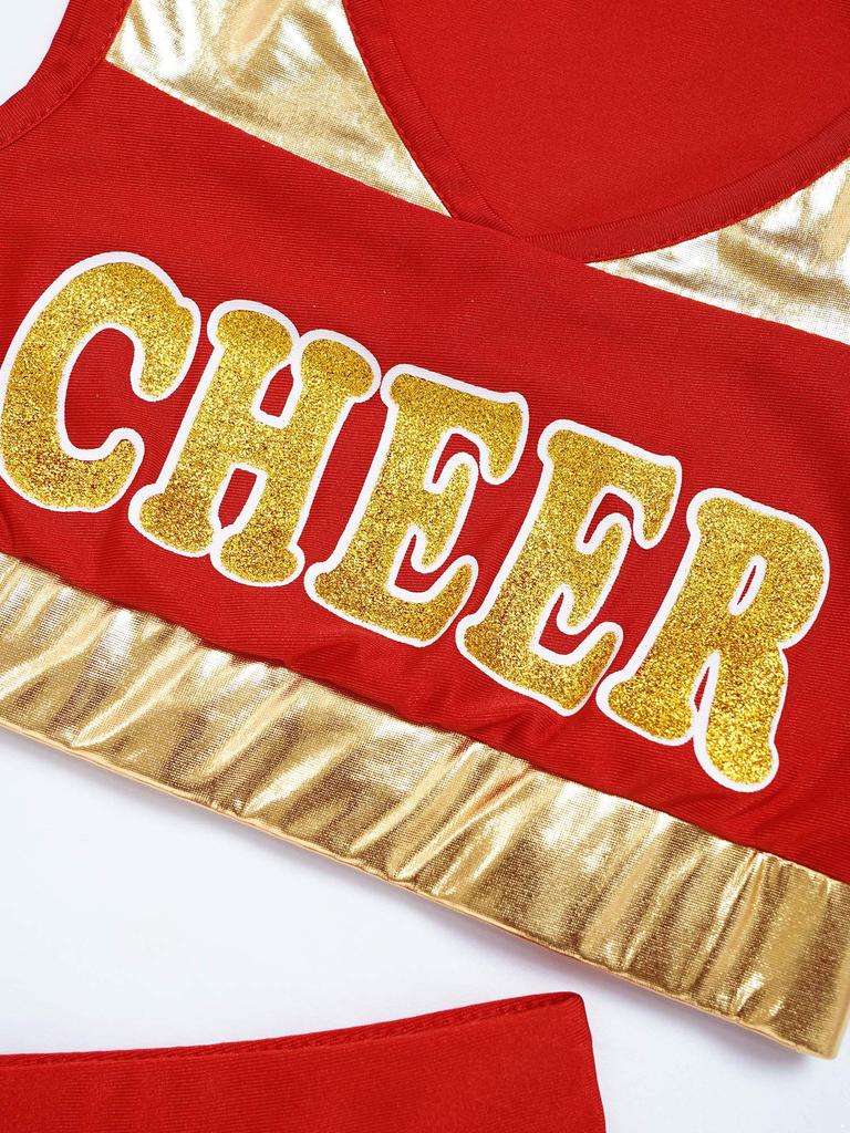 Girls Cheerleading Uniform Letter Print Tank Top with Pleated Skirt Set Cheer Leader Halloween Fancy Dress Costume