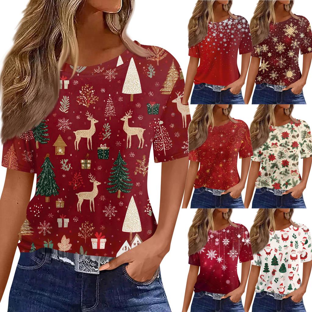Women's Fashionable Casual Short Sleeve Christmas Print Round Neck Pullover Top