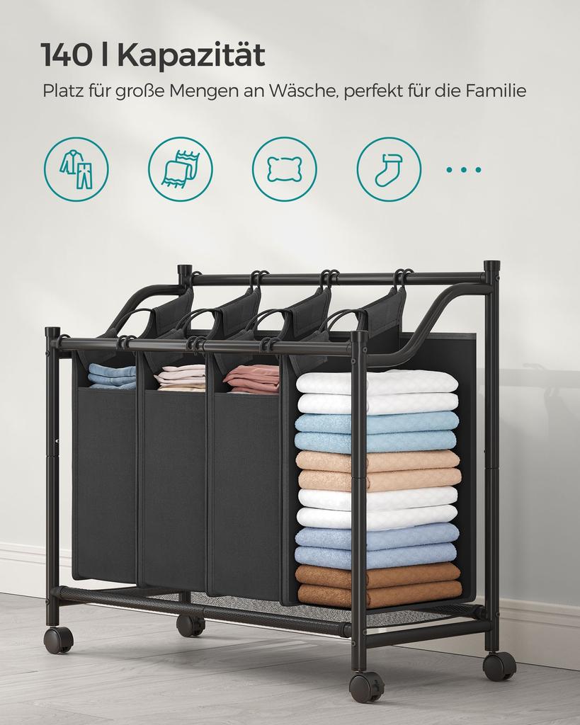 SONGMICS Rolling Laundry Sorter, Laundry Basket with 4 Removable Bags, Laundry Hamper, Laundry Trolley, for Laundry Room, Bedroom, Bathroom, 4 x 35L