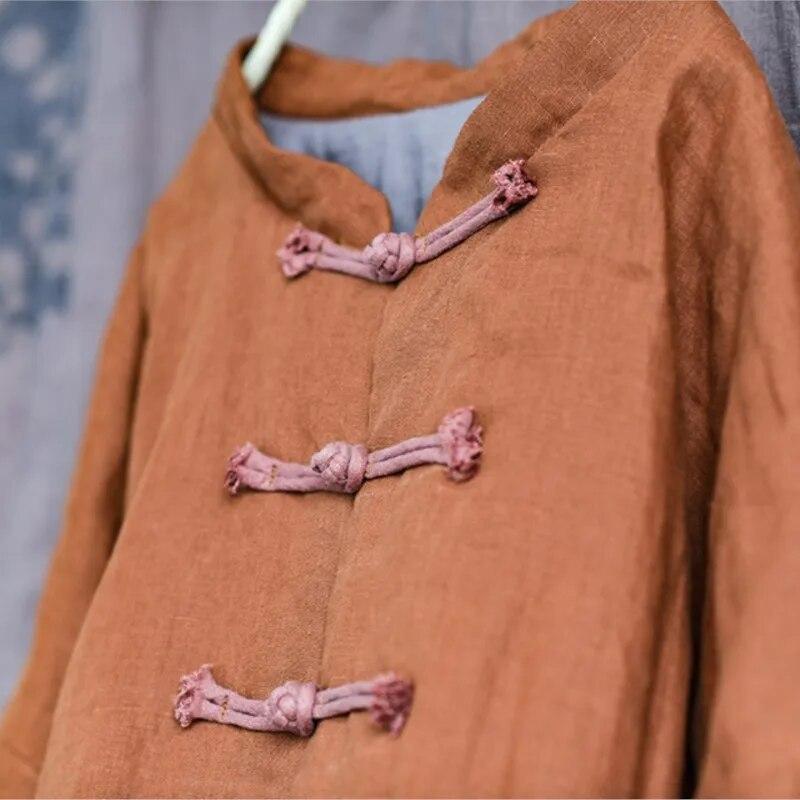 Johnature Женские винтажные льняные парки на пуговицах, однотонные пальто, зимние пальто со стойкой и хлопковыми карманами, женские китайские парки