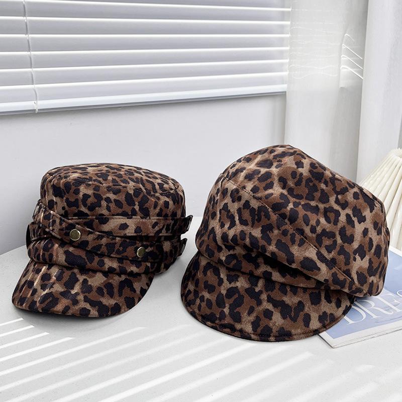 Korean leopard print suede bucket hat women's autumn and winter wide brim sunshade pile hat rivet personality show face small flat top hat