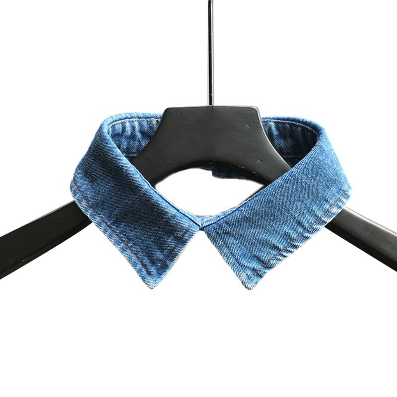 Women Men Vintage Washed Denim Blue Fake Collar Work Office Casual Lapel Choker Necklace Decorative Pointed Button Short Dickey