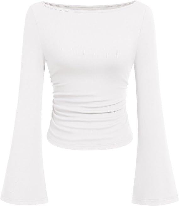 2025 Autumn Slim Fit Women's Boat Neck Bell Sleeve Ruched Top - Solid Color, Long Sleeve