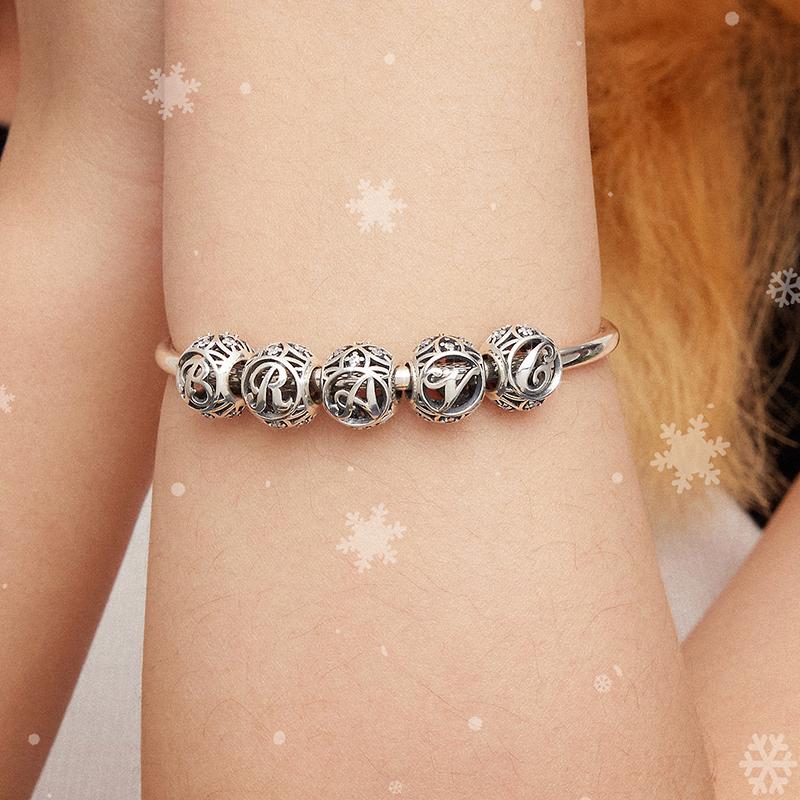 BAMOER Круглые шармы из стерлингового серебра 925 "Латинский алфавит"