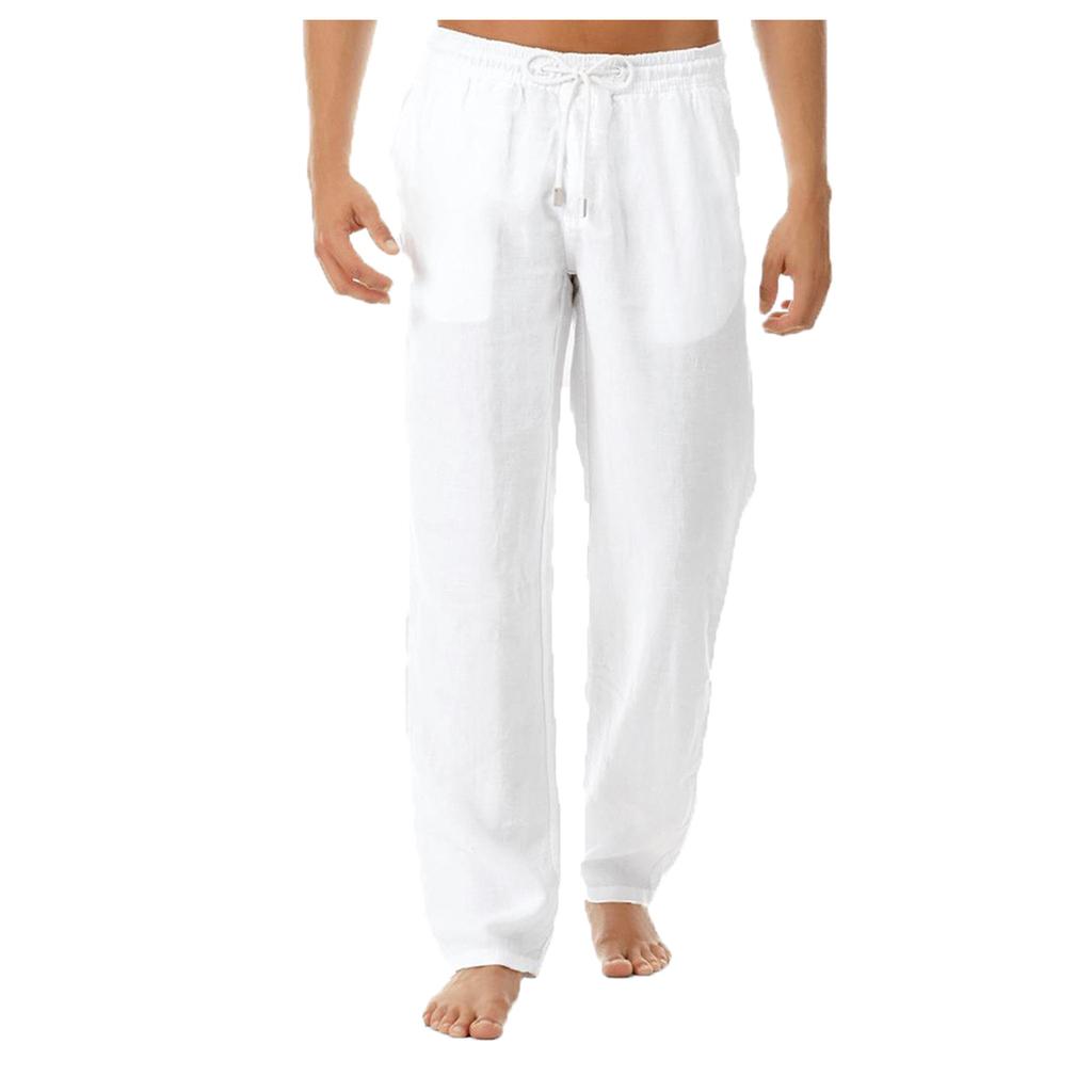 Мужские повседневные свободные и удобные повседневные брюки из хлопка и льна, однотонные брюки на шнурке