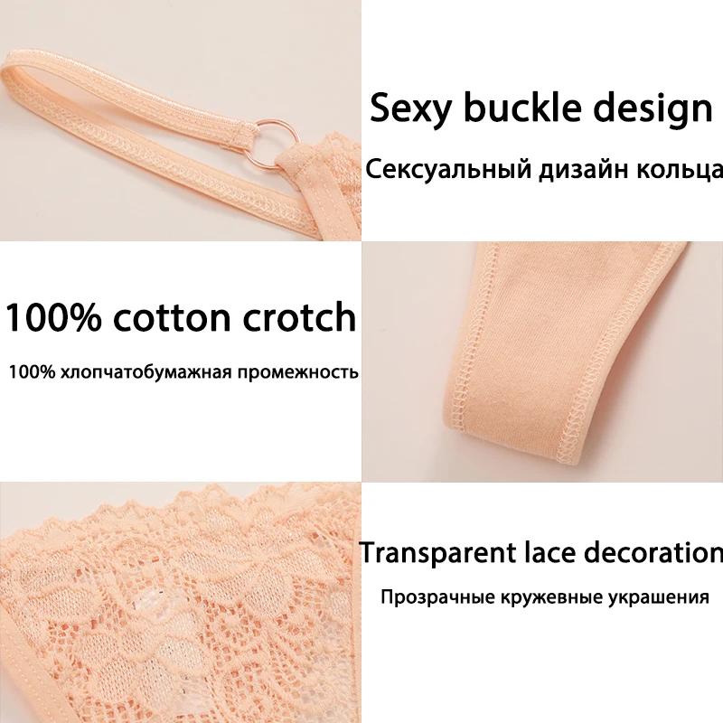 3PCs Low Waisted G-String Women American Lace Lady Cotton-Back Breathable Sheer Thin Strap Metal Thong