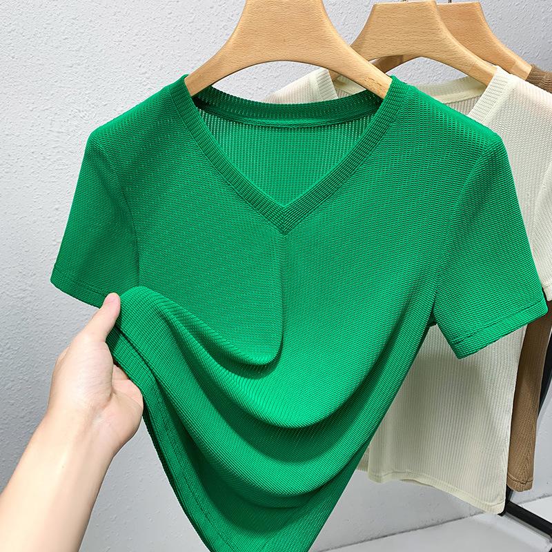 V-neck Short-sleeved T-shirt for Women New Women's Clothing, Ice Silk Thin Hollow Mesh, Fashionable Small Shirt, Temperament Waist-hugging Top