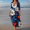 Women's Vintage Print Tunic Waisted Midi Dress Summer Casual 3/4 Sleeve Dress Dress