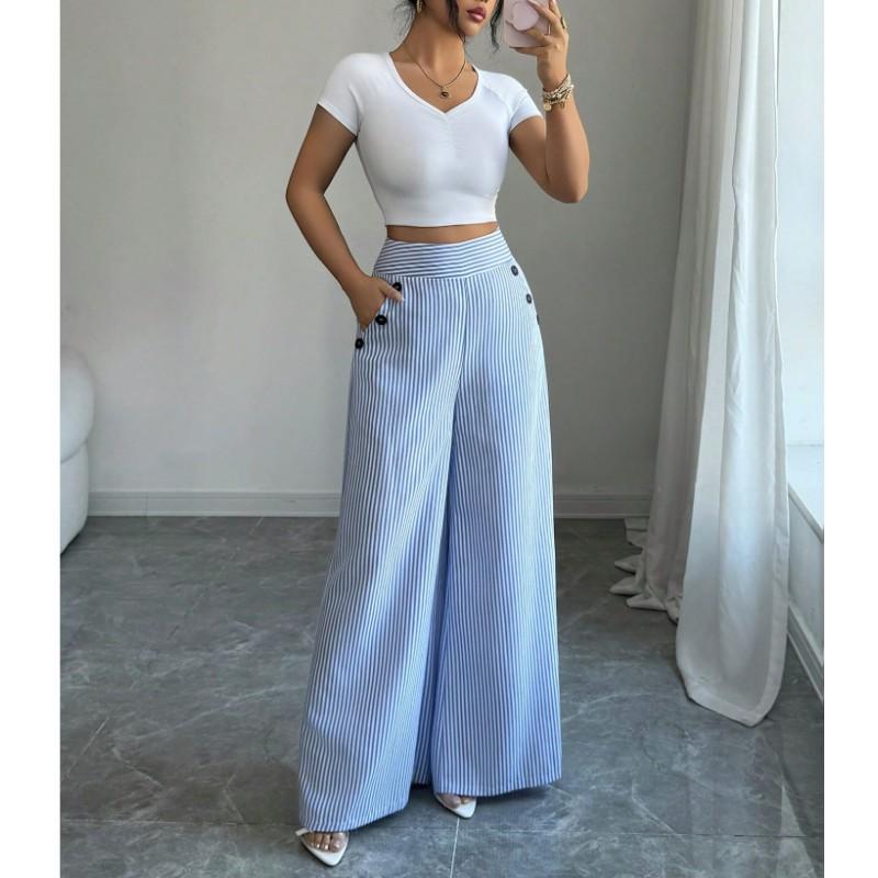 Womens High Waist Wide Leg Striped Pants 2026 Loose Fit Casual Trousers
