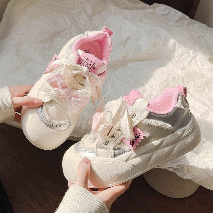 Fashion Korean-style 2025 Spring Women's Dopamine Bow Platform Sneakers - Chunky White Bread Shoes Cute & Versatile Thick-Sole Summer