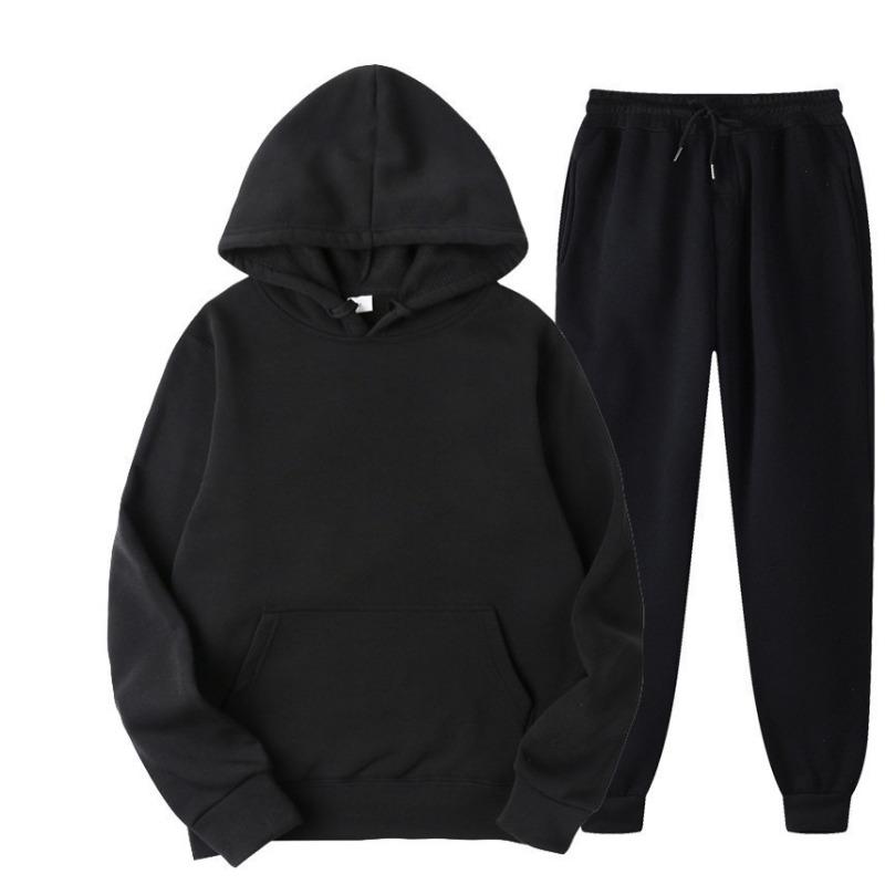 Autumn Winter Solid Color Sportswear 2-piece Hooded Sweatshirt Sweatpants with Plush Loose Casual Sweatshirt Set