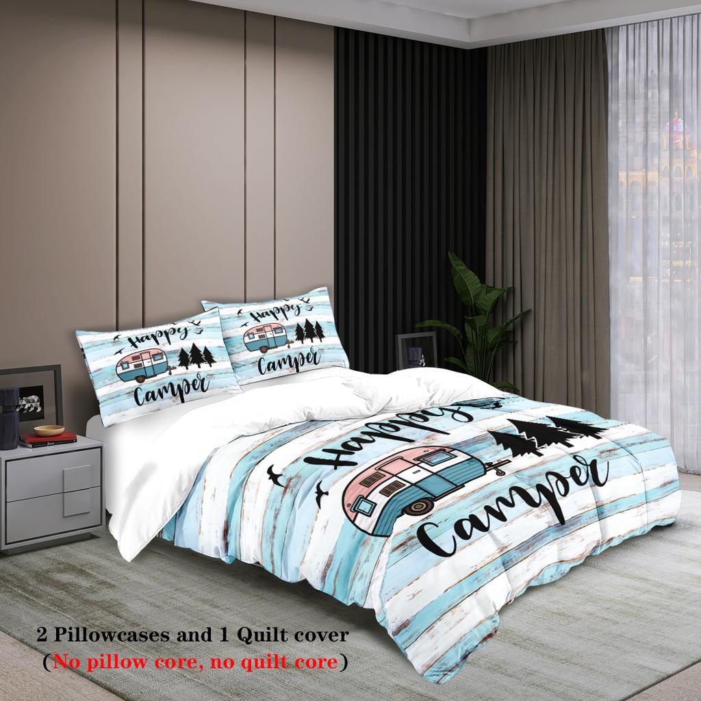 3 шт. комплект постельного белья с принтом «счастливый турист», подходит для подростковой и взрослой спальни, для кемпинга, 1*пододеяльник+2*наволочки