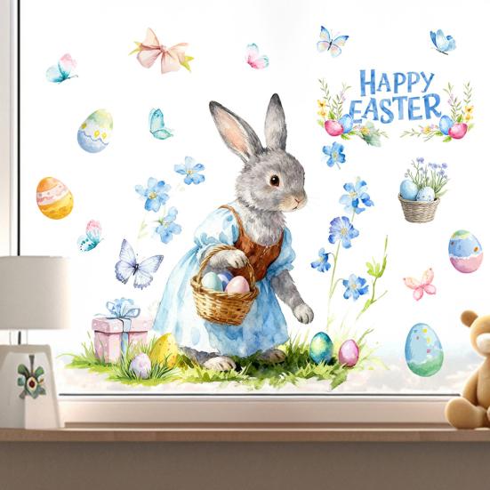 Пасхальная наклейка на окно Милый кролик Полевые цветы Яйца Бабочка Многоразовые двусторонние статические оконные наклейки для стеклянных дверей стен Детской комнаты Весна