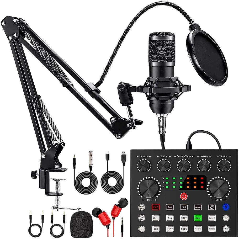 Podcast Equipment Bundle with BM800 Microphone and V8 Sound Card Double-Layer Pop Filter for Windows Gaming Live Streaming