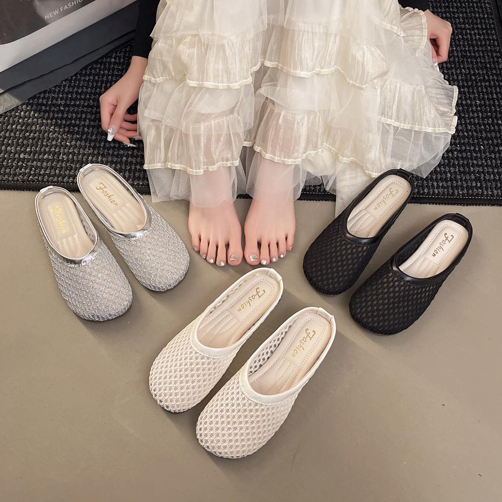 Baotou Half Slippers Women's Summer Wear New One-pedal Pregnant Women's Single Shoes Woven Hollow Sandals