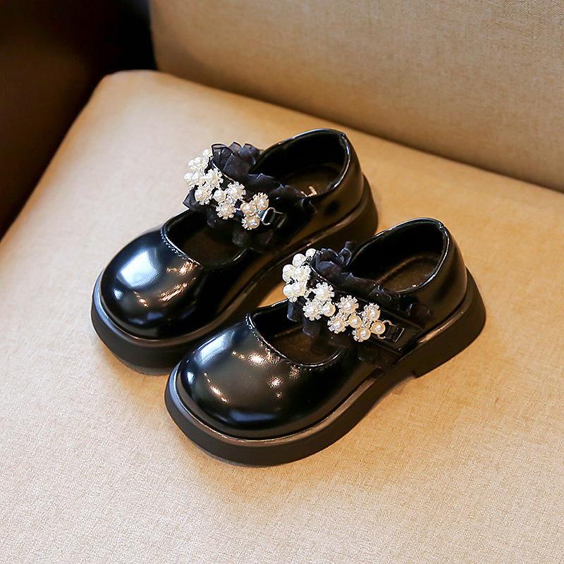 Черные туфли для вечеринок для девочек, кожаные туфли для больших детей, туфли Мэри Джейн с жемчугом, бисером и кружевными оборками, шикарные для свадебных танцев, новые
