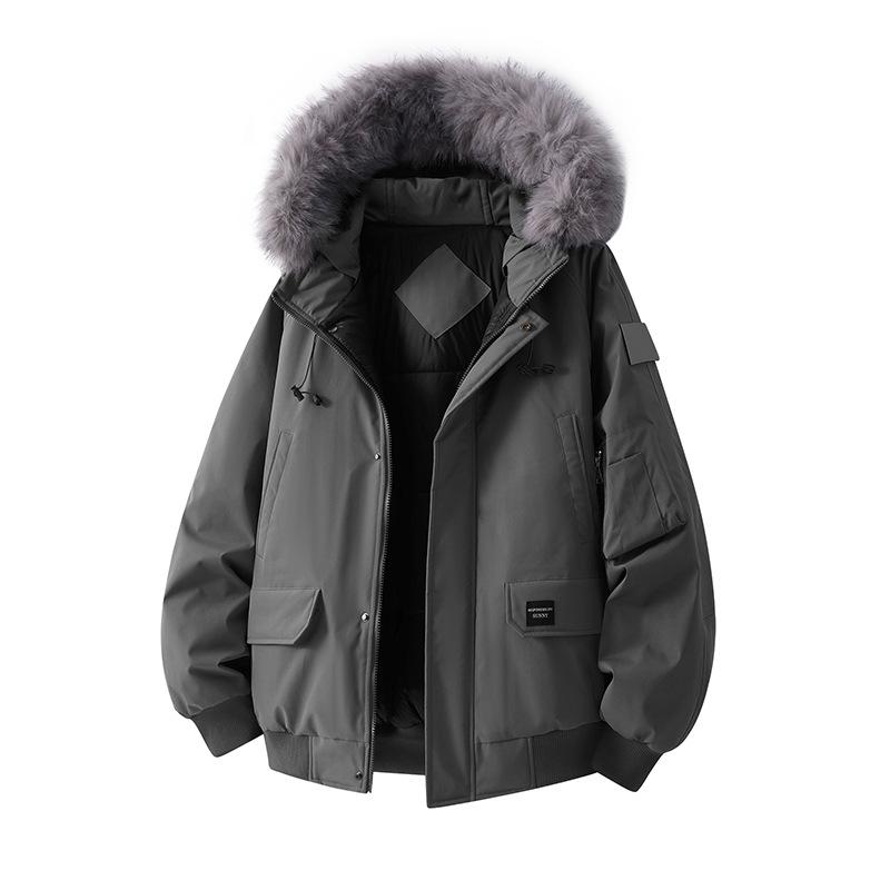 American Jacket Winter Thickened Padded Jacket Men Fur Collar Hooded Pie Overcome Padded Men