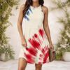 Women Plus Size High Neck Sleeveless American Flag Printed Red Blue White Flared Dress
