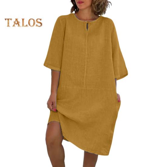 Женское свободное платье-рубашка из хлопка и льна, повседневное платье миди с рукавом 1/2 и круглым вырезом, летний пляжный сарафан для отдыха