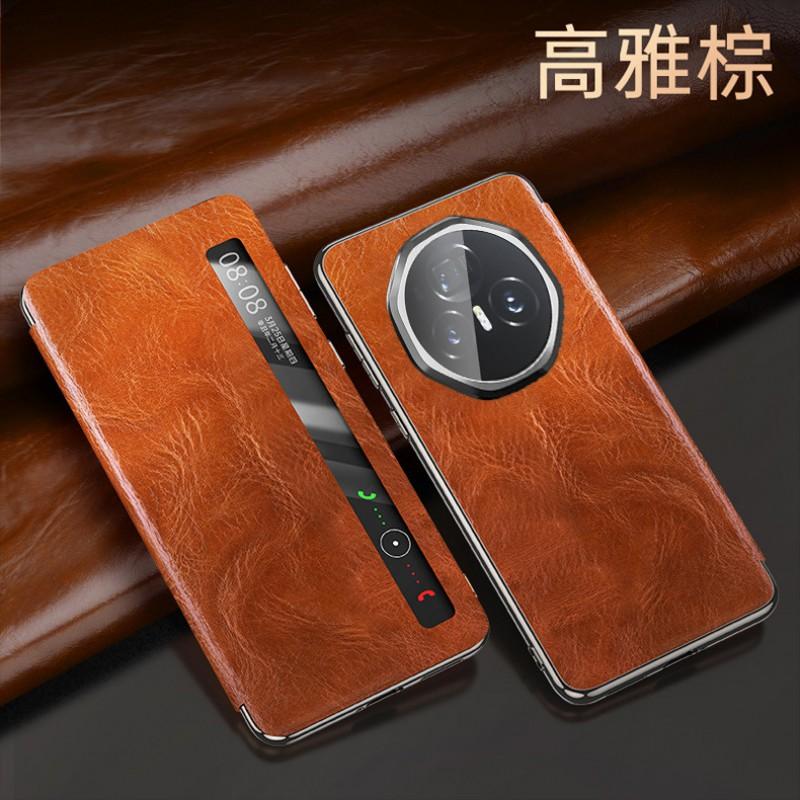 Premium Genuine Leather Flip Case Honor Magic V3 Ultra Smart Window Foldable Phone Full Coverage Shockproof Protective Cover