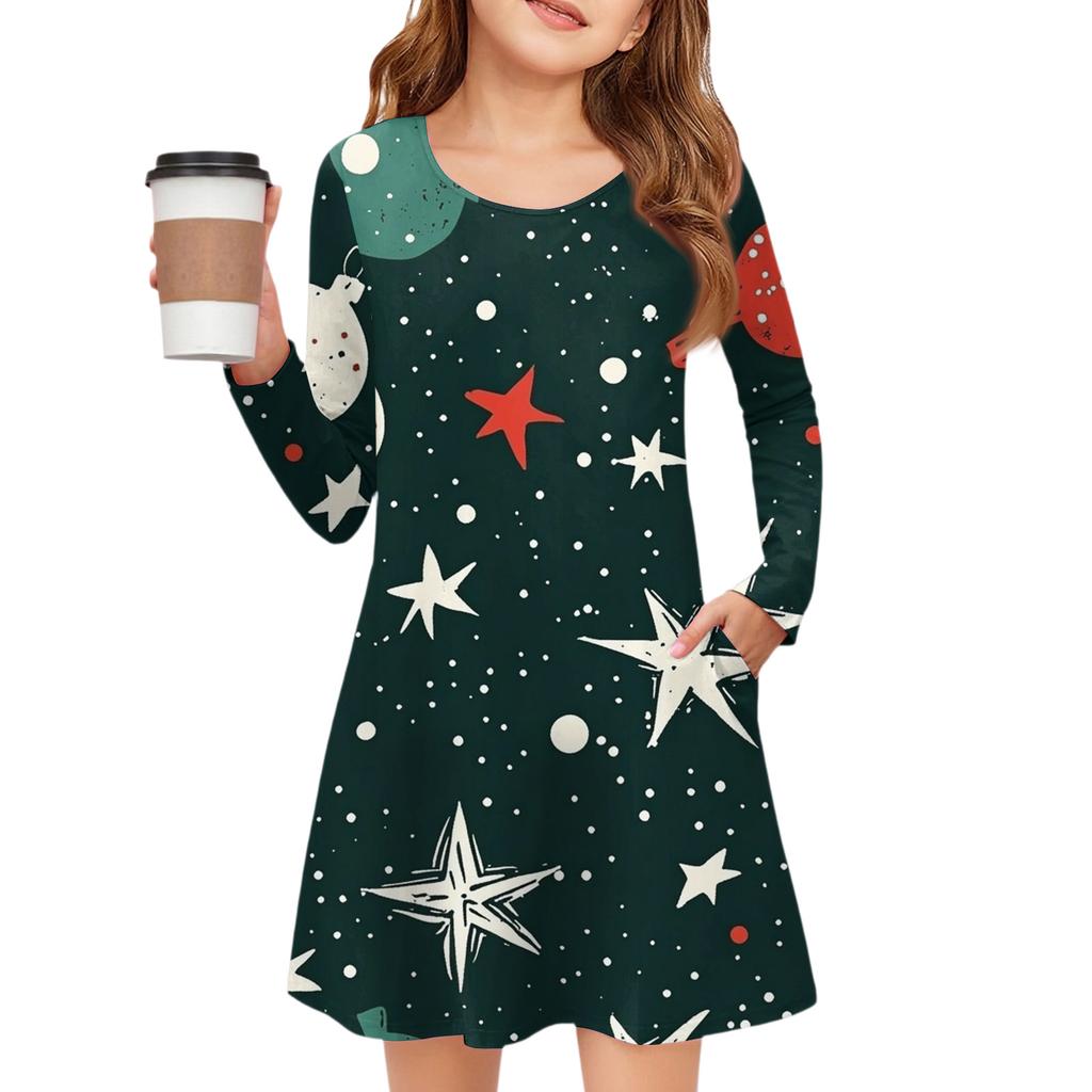 Christmas Day Girls' Long Sleeve Dress - Color Pocket Dress