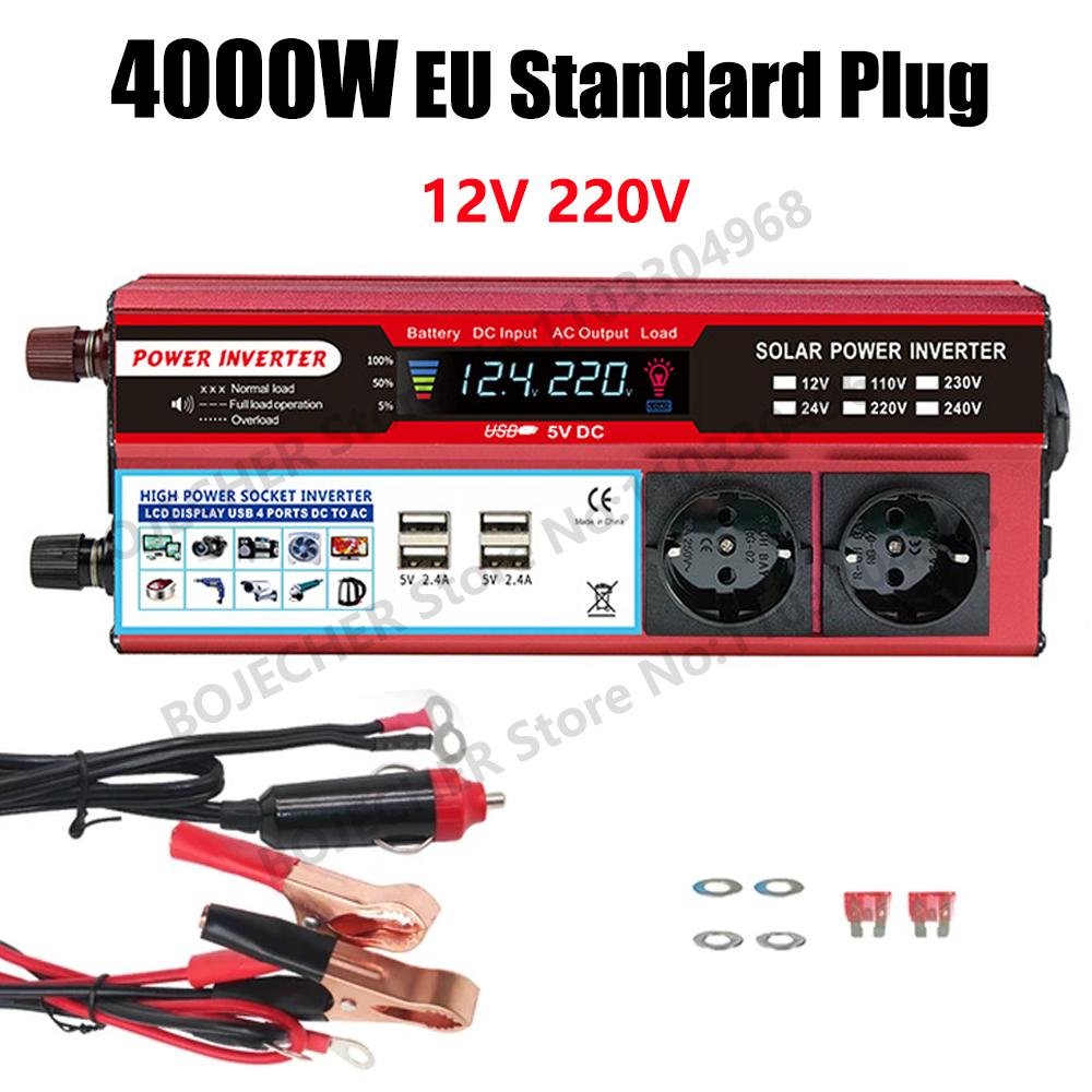 12 В в 220 В 4000 Вт 3000 Вт Инвертор мощности ЖК-дисплей ЕС розетка Солнечный инвертор преобразователь Dual USB Быстрая зарядка для телефона ноутбука автомобиля