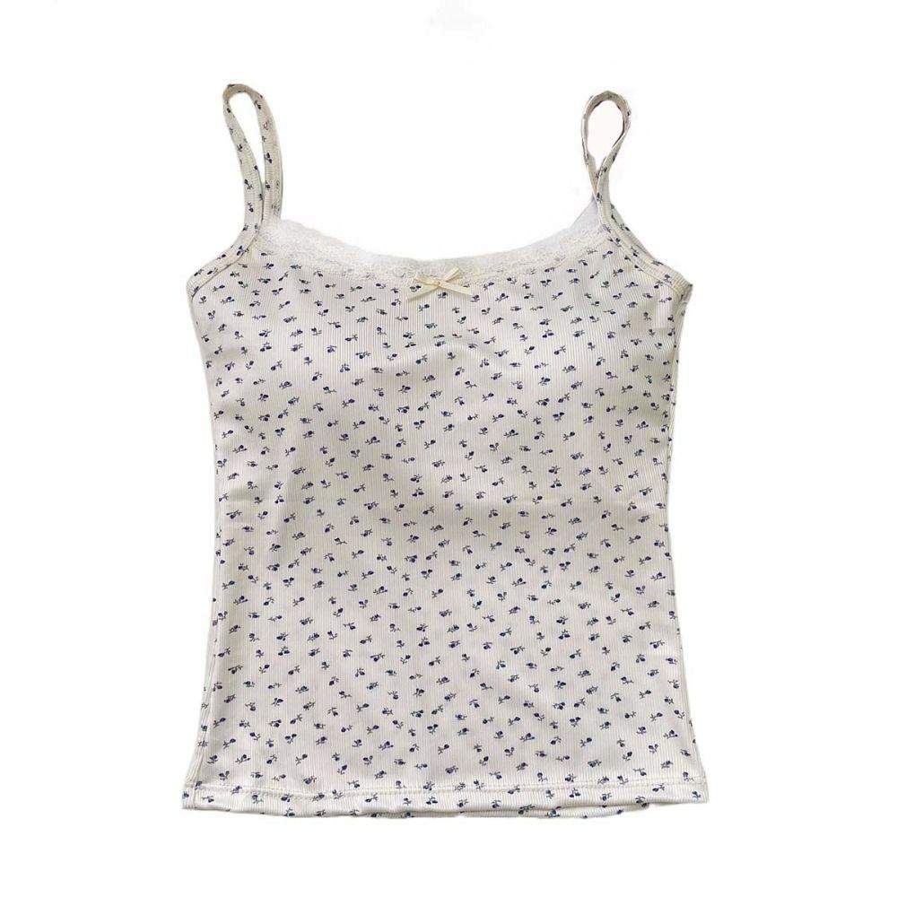 Корейский кружевной укороченный топ с цветочным принтом и U-образным вырезом, милый топ для девочек-цветочниц, кружевная майка с бантом, приморский