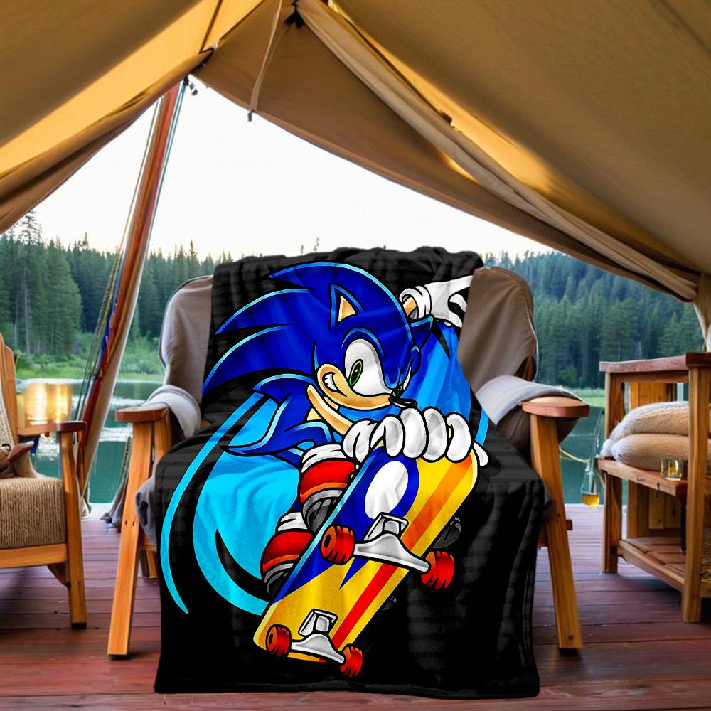 1pc Sonic Skateboard Outdoor Blanket Lightweight Flannel, Soft & Warm, All-Season Use for Sofa, Outdoor, Camping, Living Room, Office034