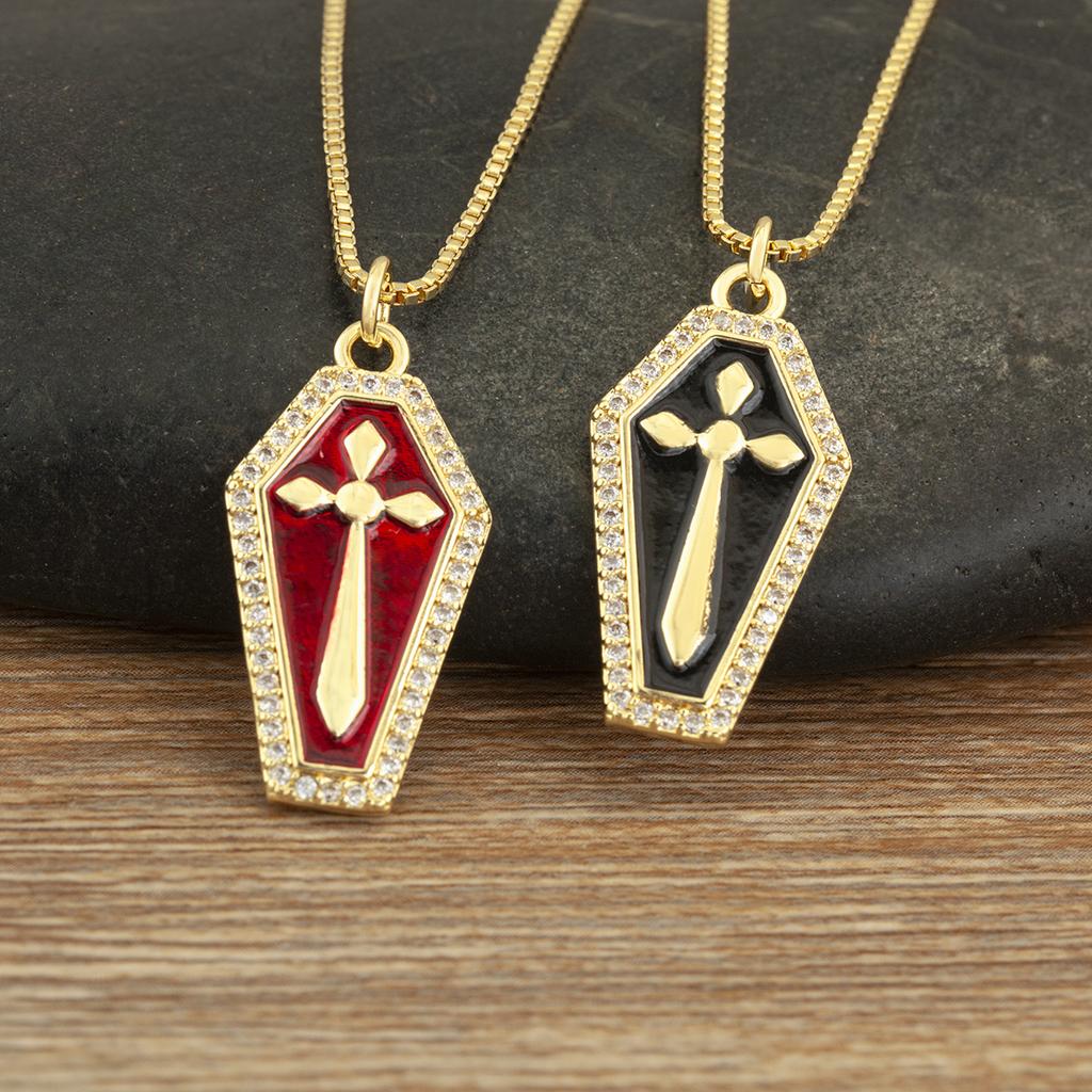 Nidin High Quality Coffin Necklace Red/Black Enamel Cross/Vampire Pendant With AAA Zircon Light Luxury Women's Statement Jewelry