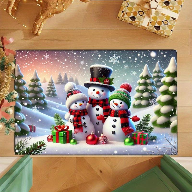 Winter Snowman Flannel Door Mat Carpet, 3 Snowman Print Absorbent Non-Slip for Kitchen Living Room Bedroom Bathroom Decor