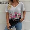 Summer Casual Loose Short Sleeve T Shirt Vintage V-Neck Flowers Printed Women's Tee Tops