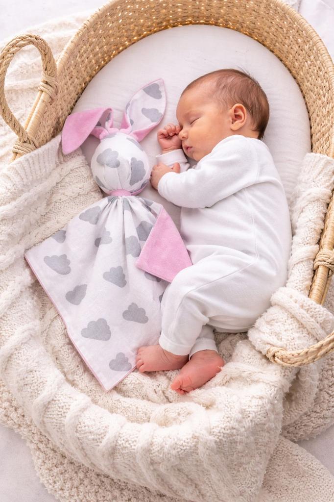 Doudou Bunny Cuddly Toy Double-Sided Cotton and Minky - Gray Clouds - Pink