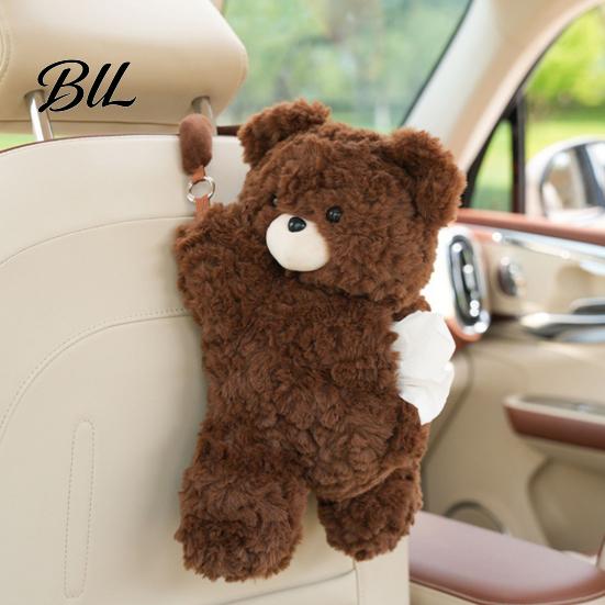 Gift for Car Owners Cute Animal Tissue Holder, Plush Bear/Dog/Cat/Panda/Raccoon Hanging Napkin Dispenser with Seat Back Storage Pouch Wide Strap, Soft