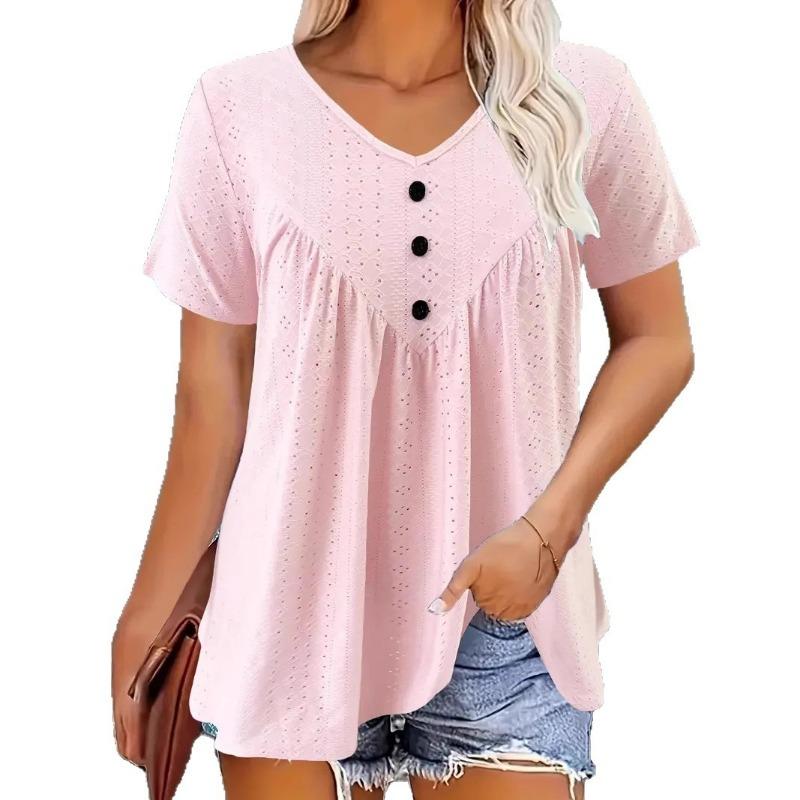 Women Short Sleeve V Neck Casual T Shirt With Button Detail
