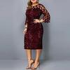Women O Neck 3/4 Sleeve Sheer Patchwork Shiny Sequins Bodycon Knee-length Dress