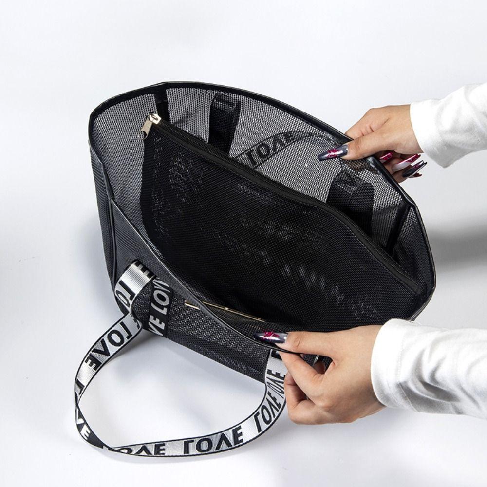 Portable Mesh Shoulder Bag Large Capacity Transparent Makeup Storage Bag Hollow Multifunctional Beach Bags Women
