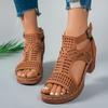 A Pair of Women's Solid Color Square Heel Sandals with Open Toe and Zipper Closure, Suitable for Beach Outdoor High-heeled Sandals