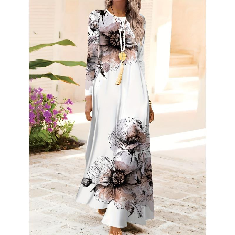 Floral large floral print resort style round neck long sleeve dress
