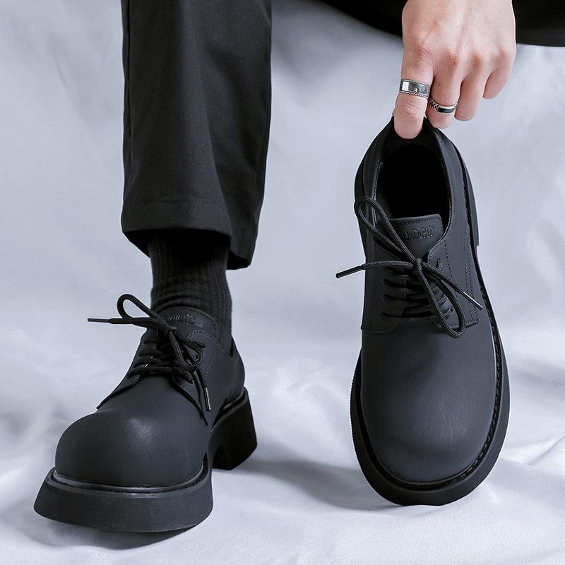 Туфли на платформе, весна-осень, с круглым носком, со шнуровкой, на среднем каблуке, мужские туфли-муффины, черные, кожаные туфли 1255-R